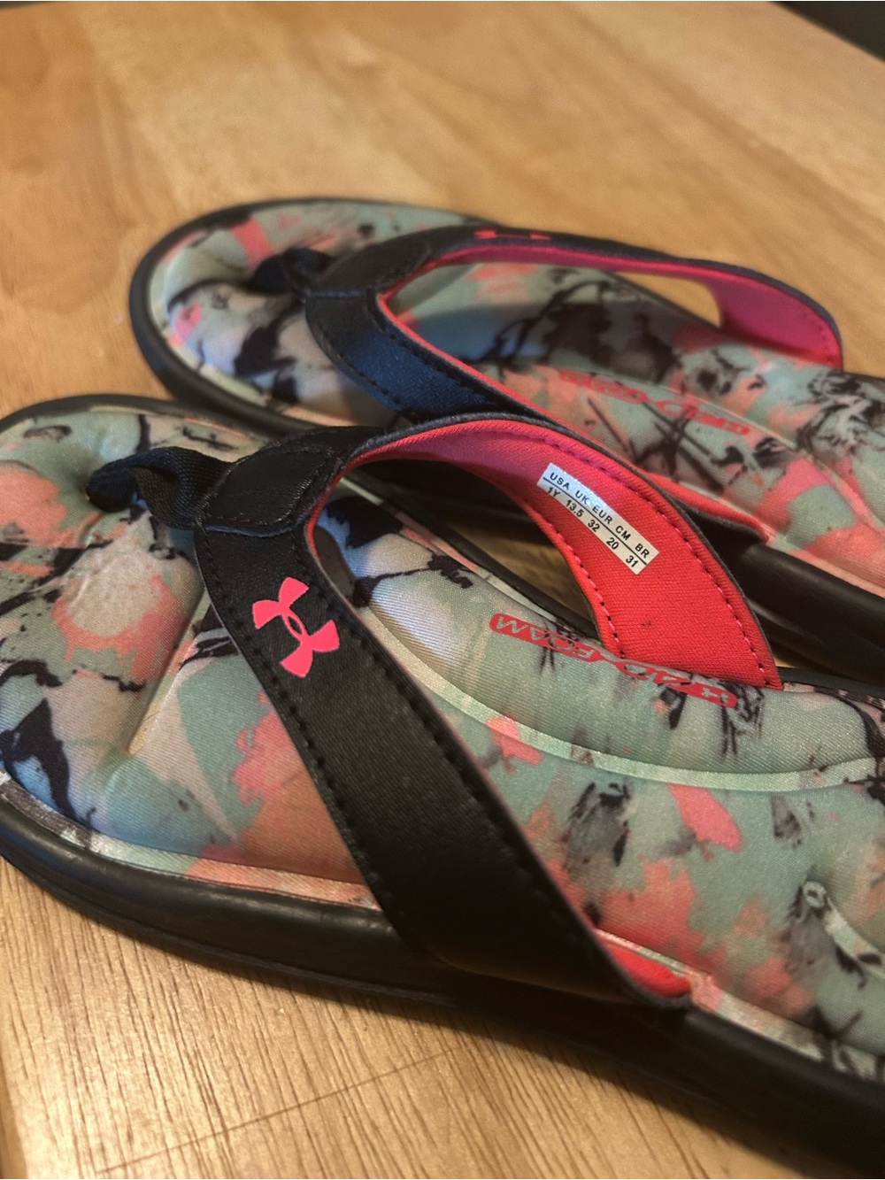 Under Armour Kids Black Strap Mint & Pink Floral Flip-Flops
